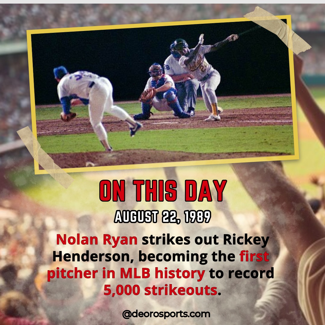 On This Day in Baseball History (August 22, 1989):
Nolan Ryan struck out Rickey Henderson, becoming the first pitcher in MLB history to reach 5,000 strikeouts. Henderson later joked, “If I’m going to be the 5,000th strikeout, I guess I don’t mind it being Nolan Ryan."