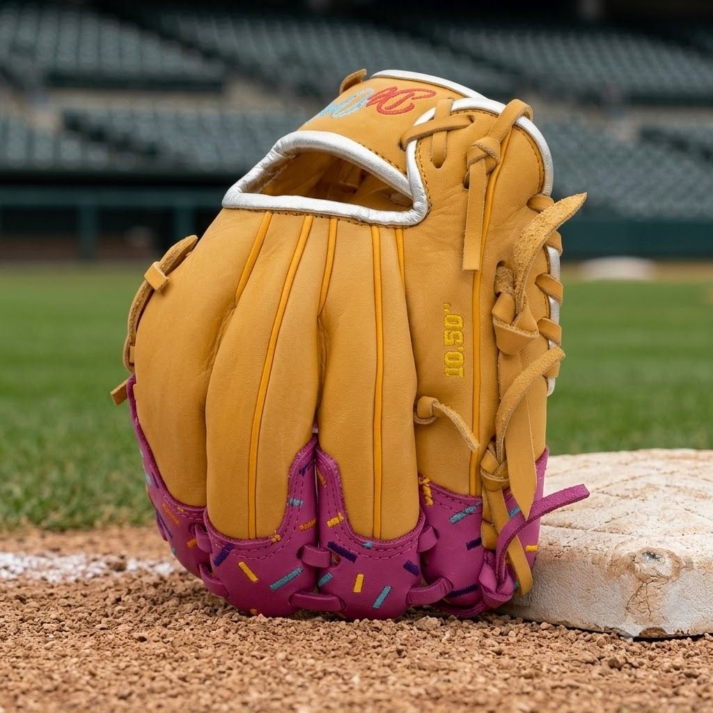 Serving up some sweet style on the diamond. 🍩🔥 This custom glove brings the heat with rich gold leather and a fun, sprinkle-detailed web that is guaranteed to turn heads.DeOro SportsCustom yours now at deorosports.com#deorosports #customgloves #baseball #softball #fyp