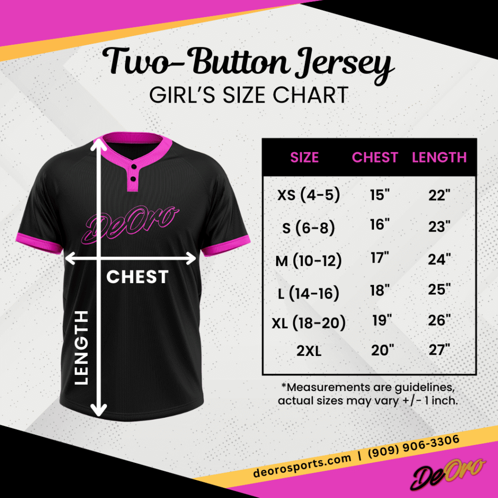 Two-Button Jersey Baseball Softball Girl's Size Chart