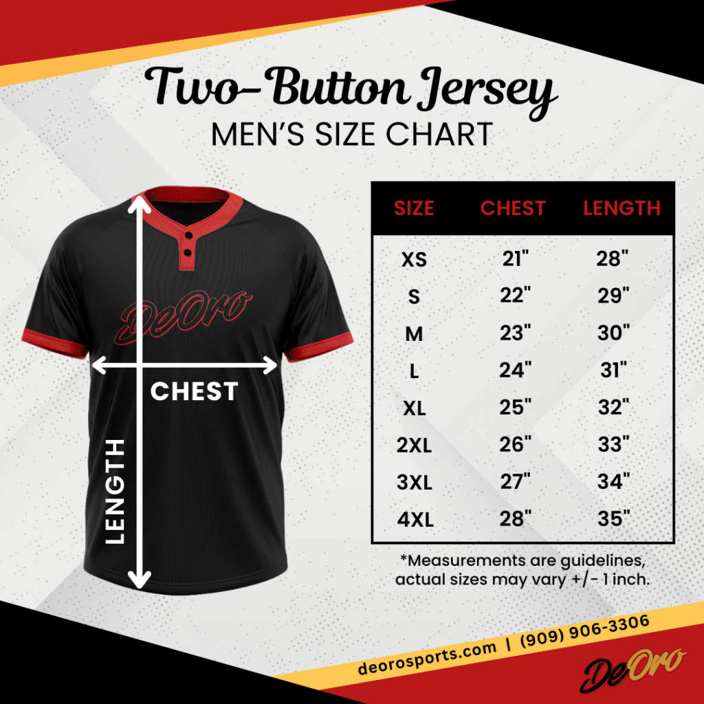 Two-Button Jersey Baseball Softball Men's Size Chart