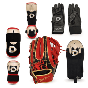 Spider Glove, Batting Gloves & Protective Gear Bundle - Black-Red-Gold
